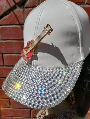 White Baseball Cap with Pink Guitar Patch